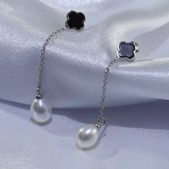 925S White Freshwater Pearl Hook Dangle Earring With Black Clover 925S Silver - Picture 4 of 9